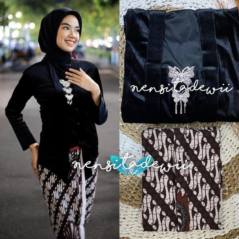 dem set kebaya kutubaru + jarik wiru instan / nuansa hitam, motif parang garuda