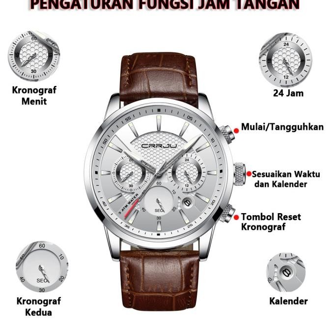 jan Tangan Pria CRRJU Chronograph Kalender Tahan Air Jam Kulit Kuarsa 2212 Terlaris