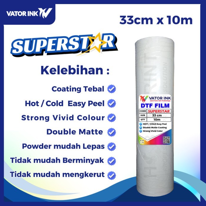 

TERLARIS! PET FILM DTF VATOR SUPERSTAR Coating Tebal Double Matte Hot Cold Peel Warna Sablon Pekat