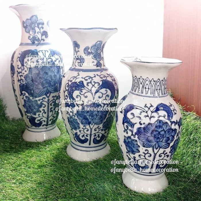 TERLARIS Vas Bunga Keramik Guci Porselen Biru Putih Import Dekorasi Rumahh