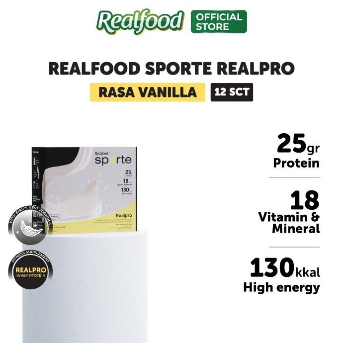 

Realfood Sporte Realpro Vanilla dengan Sarang Burung Walet dan Konsentrat Protein Whey, 12 pcs