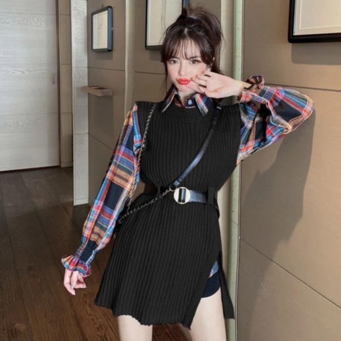 Knit Vest Dengan Belt Baju Luaran Outer Wanita Gesper Tali Pinggang Hanya Vest Dan Belt Ranikairini