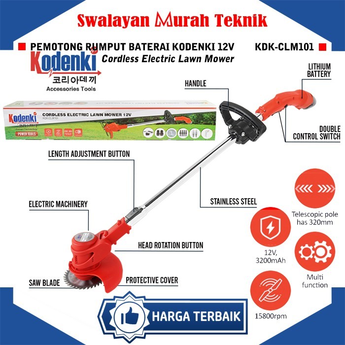 KODENKI Mesin Potong Rumput Baterai 12Volt Cordless Grass Trimmer Cas