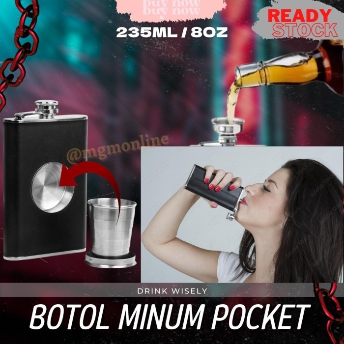 Botol Pocket Stainless Dengan Glass 235Ml Hip Flask 8Oz Liquor Minuman