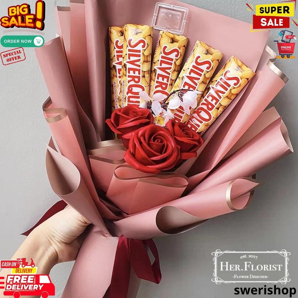 

Her.Florist [Snack] Buket Bunga Sabun 3Pcs & 5Pcs Silverqueen/ Beng-Beng/ Dairy Milk/ Bucket Coklat D Promo 2.2