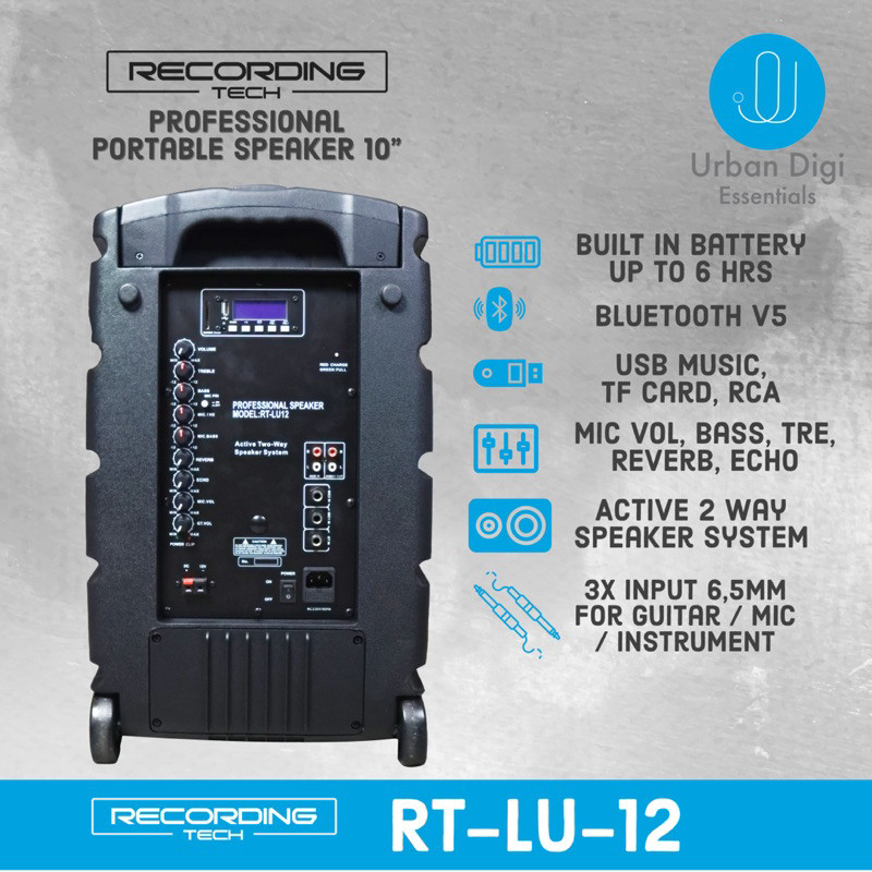 Recording Tech RT LU 12 - Professional Portable Speaker Aktif dengan 2 Buah UHF Wireless Mic Multi