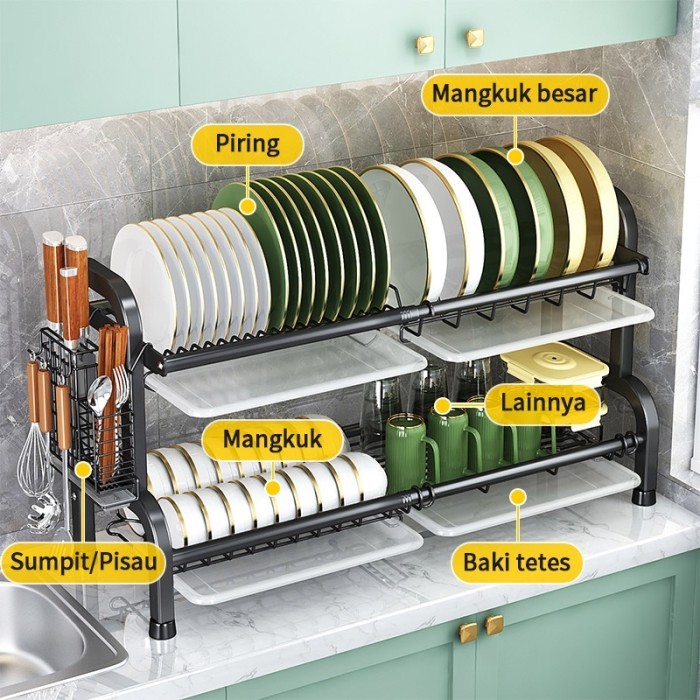 Rak Piring Stainless 2 3 Susun Kapasitas Besar Multifungsi Anti Karat
