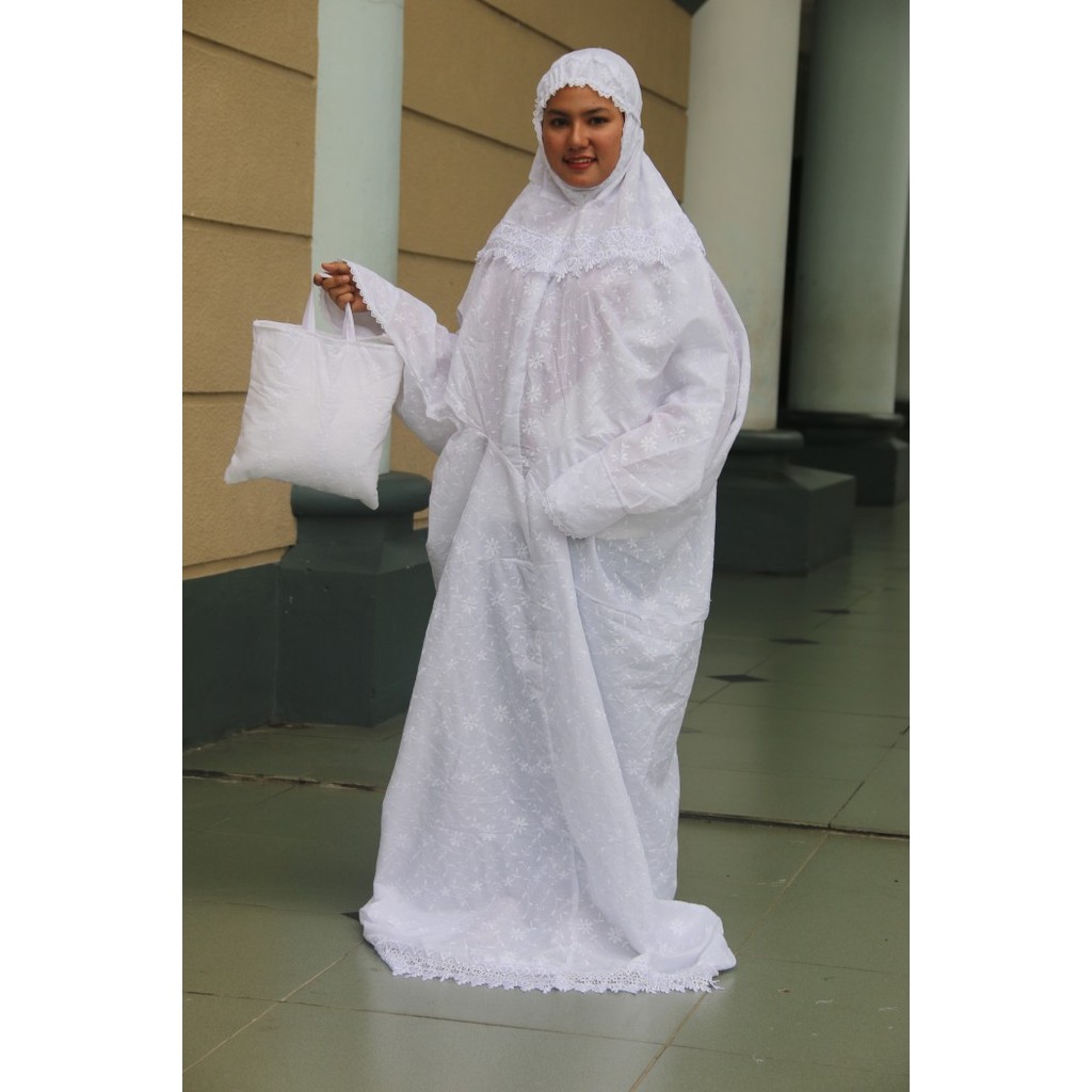 Minajshop Mukena Terusan Lajur Katun Jepang Putih Polos Prada Bordir Besar Jumbo