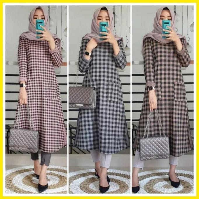 TUNIK WANITA REMAJA KOTAK ATASAN FLANEL KAOS LENGAN PANJANG MUSLIM OK