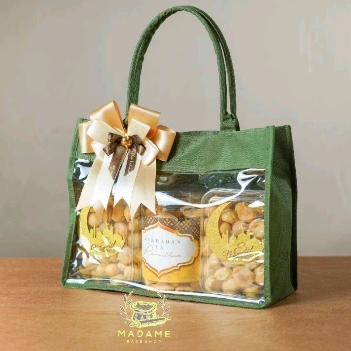 

Goodie Bag Tas Mika Kombinasi Hampers Muat Toples Jar Idul Fitri - Hijau / Cream Polos