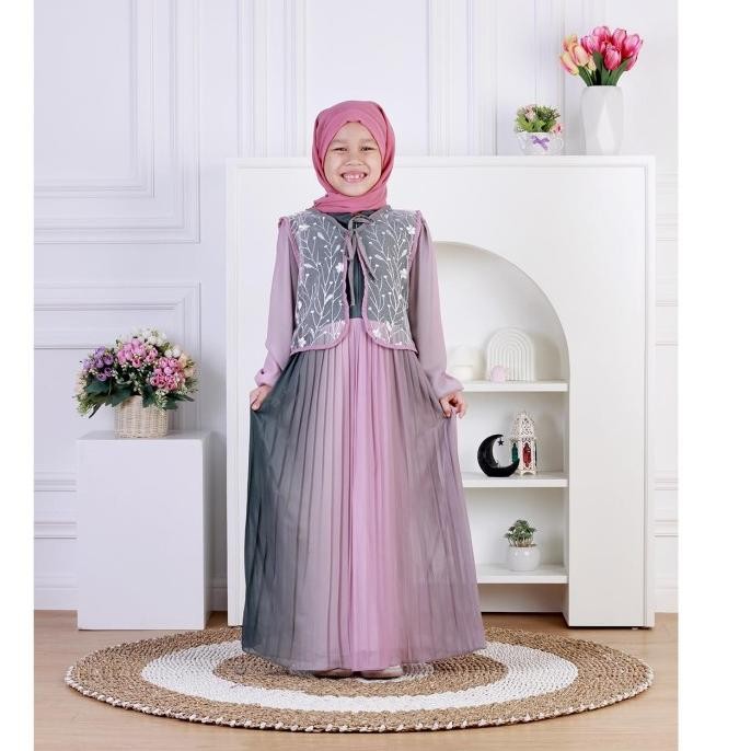 Dungdungkids Gamis Anak Moreen Ceruty Babydoll Plisket Rompi Tile Bordir Free Pashmina3-12Tahun