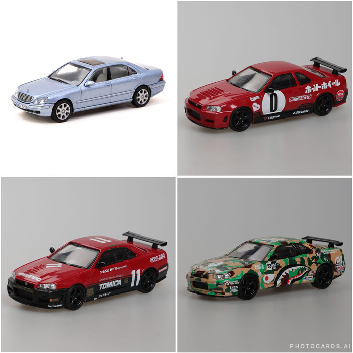 Tarmac Works T64G-072-BL Mercedes Benz S Class Horizon Blue - Stance Hunters GTR R34 A. Aape #0 #11 