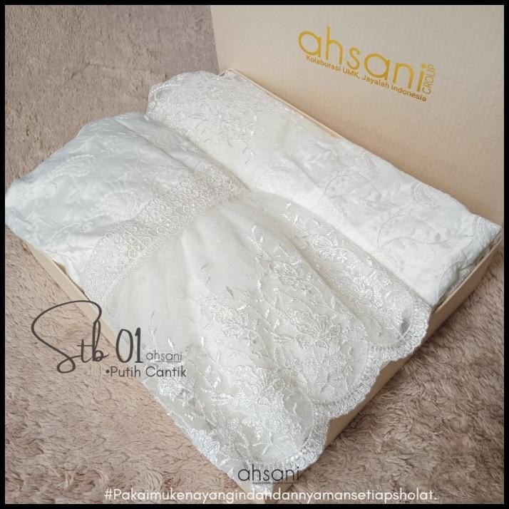 terbaru mukena ahsani stb01 rukuh dewasa putih sutra bordir ori renda mewah promo
