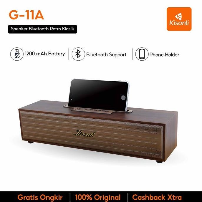 Kisonli - Speaker Bluetooth Retro Klasik Bahan Kayu Asli Memiliki Phone Holder G-11A