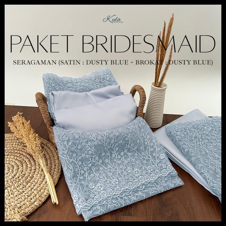 Paket Kain Bridesmaid Premium Lengkap Satin Kebaya Brokat Dusty Blue Best Seller
