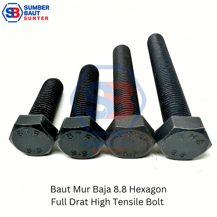 M8x100 Baut Mur Baja 8.8 FULL DRAT Hitam Hex HTB High Tensile 8x100