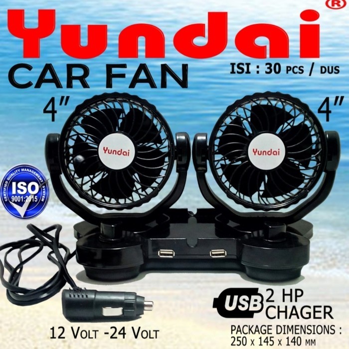 Kipas Angin Mobil 2 Kipas Saklar dan 2 USB DC 12Volt 24Volt Yundai