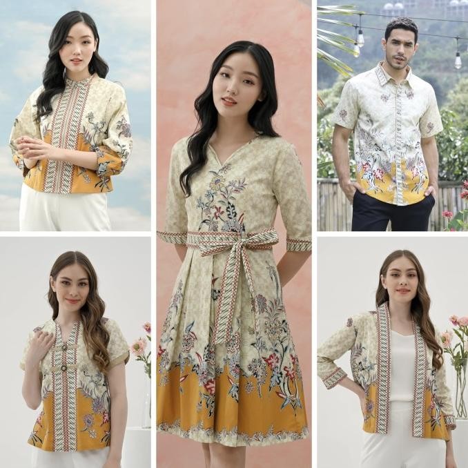 Set Couple Batik Modern Kuning Pria Wanita / Kemeja Dress Batik Katun