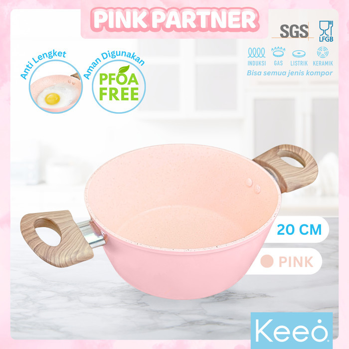 Keeo 20 cm Panci Casserole Anti Lengket Marble Granit 2 Gagang Pink