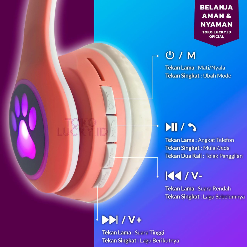 TERBARU Headset Bluetooth Anak Karakter Kucing Lucu Headphone RGB LED Extra Bass Blutut 5.0