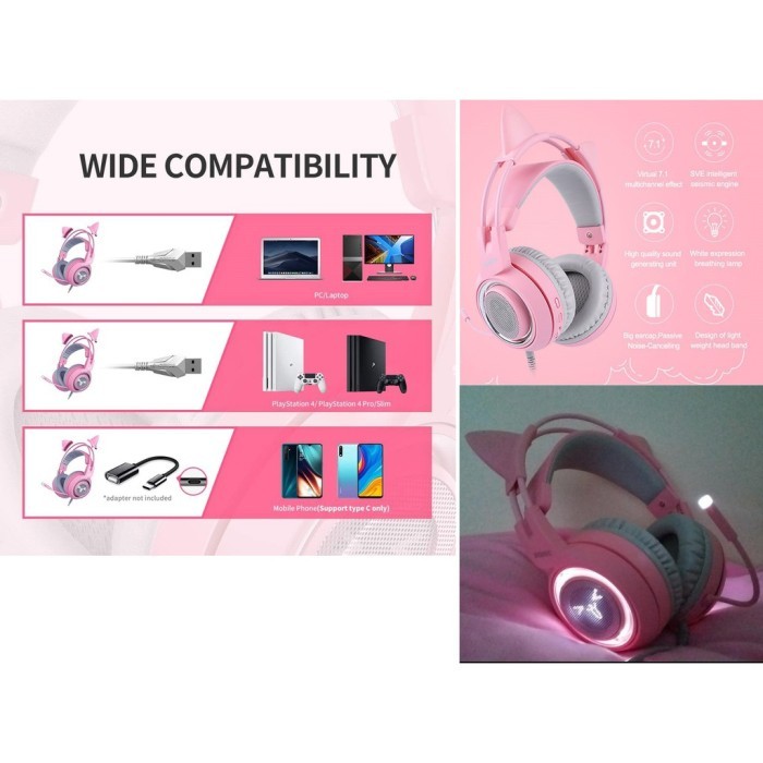 Headset SOMIC G951 Headphone Gaming telinga Kucing Pink Nois 7.1 Unit Baru / Segel