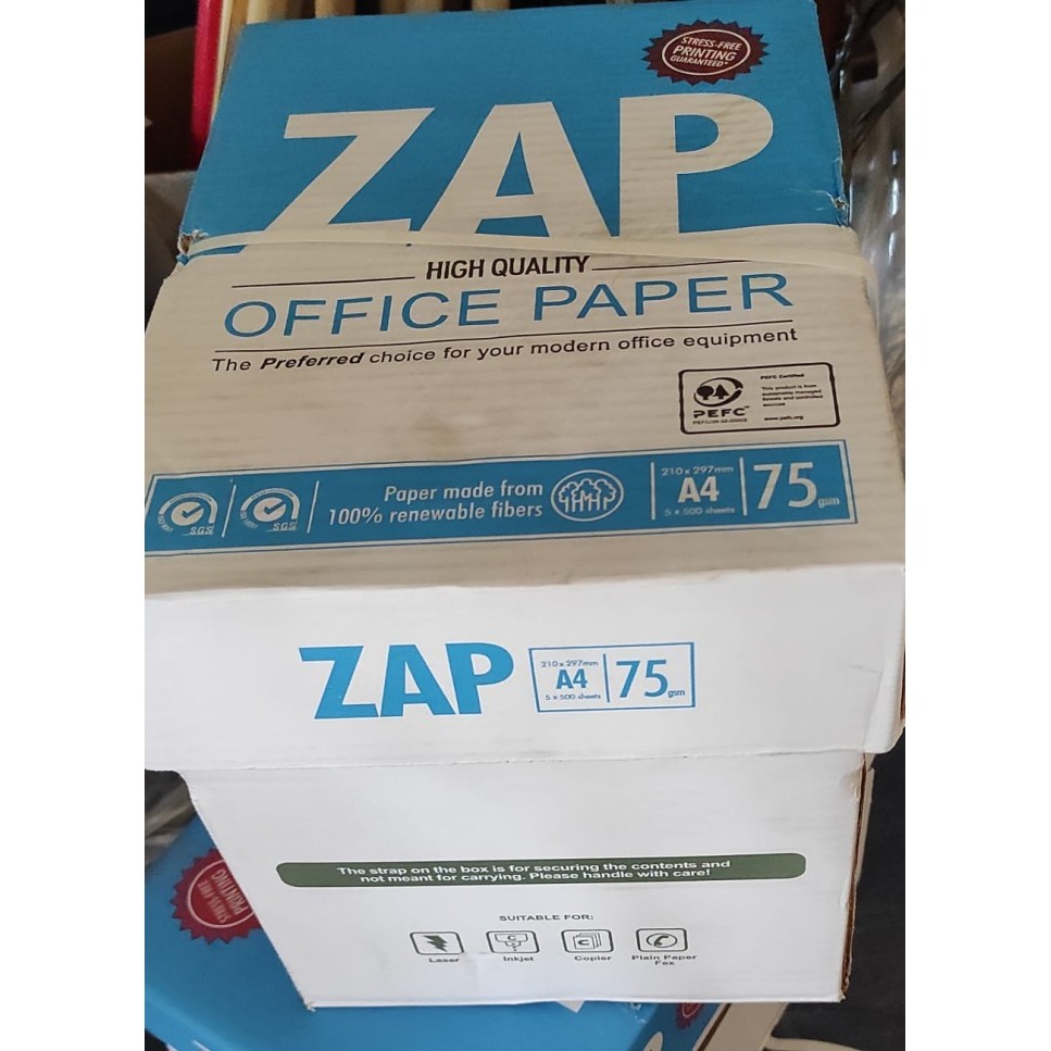 

Ready Kertas Foto Copy A4 70gr Merk ZAP ( 1 Box 5 rim )