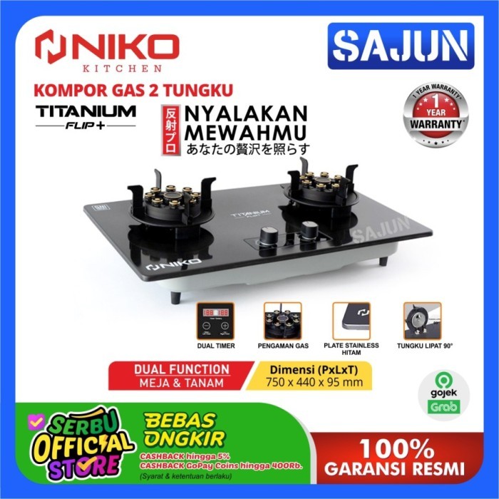 Niko Kompor Gas 2 Tungku TITANIUM FLIP TF20-PLUS Kompor Tanam & Lipat