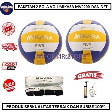 TERBARU paket bola Voli MV2200 Super Gold dan net volly mikasa gold-1bola 1net
