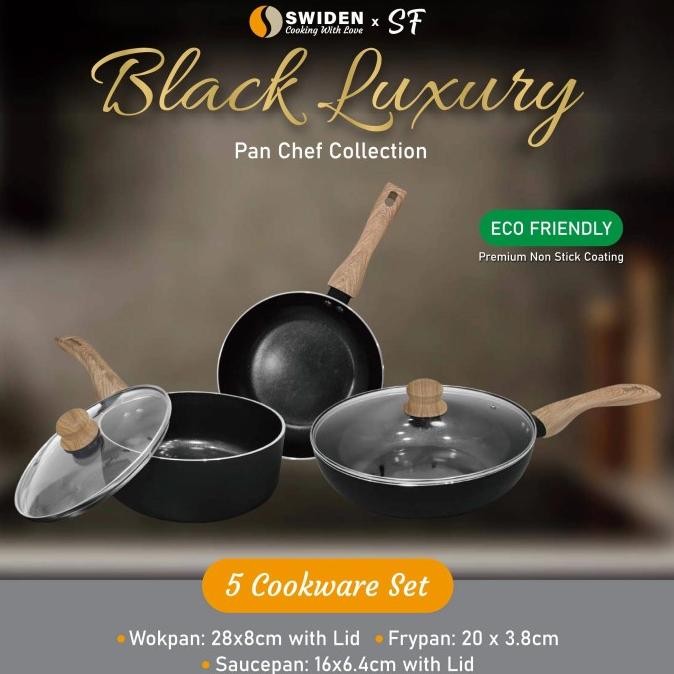 Siap Kirim Al Qolam SWIDEN Black Luxury Pan 3 in 1 Set Panci Wajan Anti Lengket