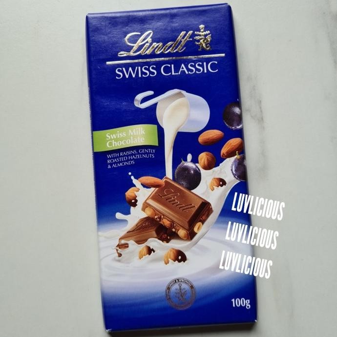 

lindt swiss classic swiss milk chocolate raisin hazelnut almond coklat termurah