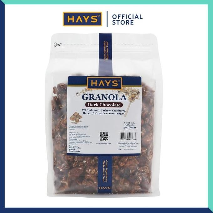 

hays granola dark chocolate 500 gram / sereal oatmeal cokelat dengan almond mete cranberry raisin organic coconut sugar termurah