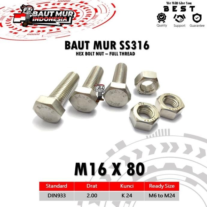Tersedia HEX BOLT NUT STAINLESS SS316 - A4 BAUT DAN MUR M16X80 KUNCI 24