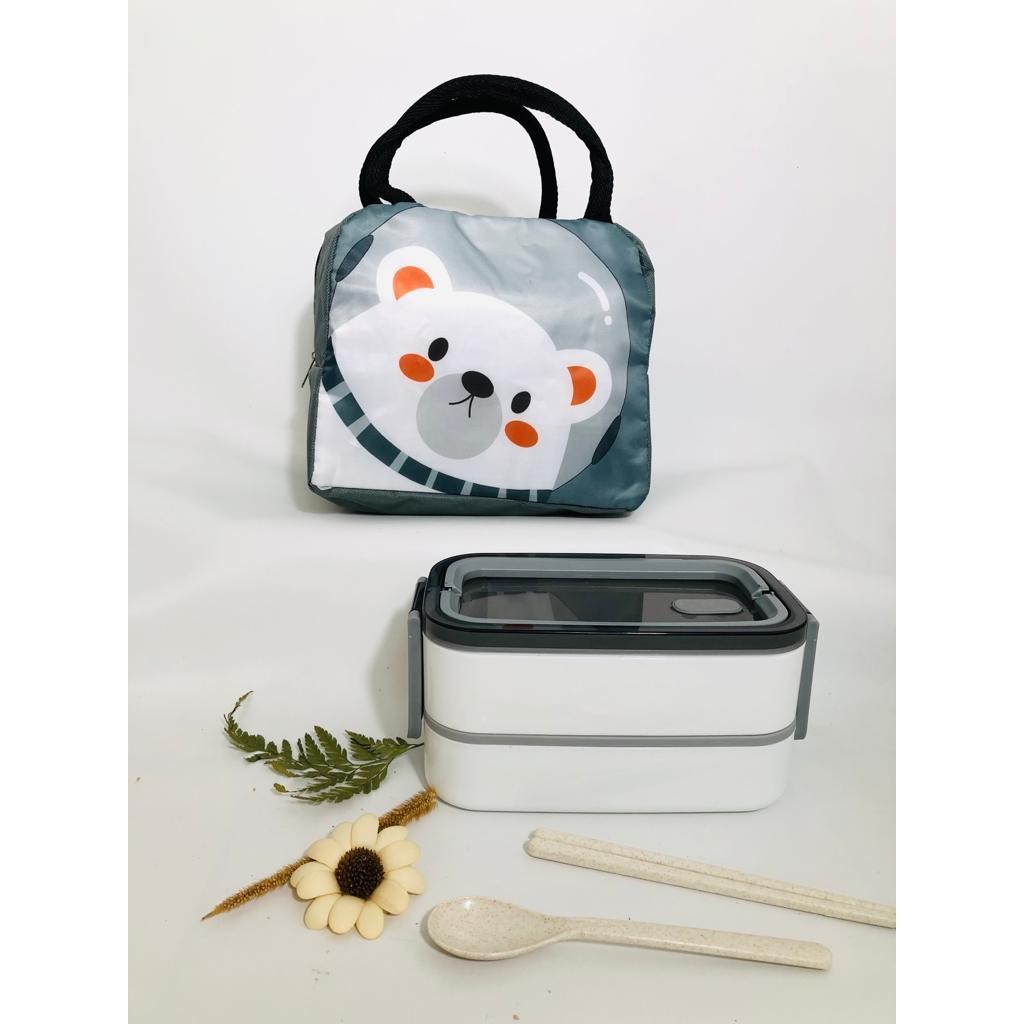 Kotak Makan 2 Tingkat Plastik Lunch Box Bento Set Free Tas Animal Sendok Sumpit
