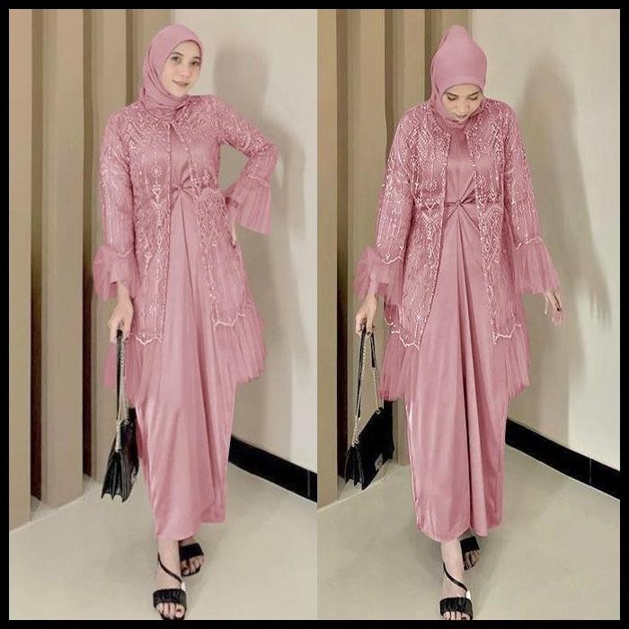 Harga Promo Gamis 2In1 Brukat Tile Size M-Xxl Jumbo Bigsize Dress Gamis Muslimah Cardigan Dalaman Ma
