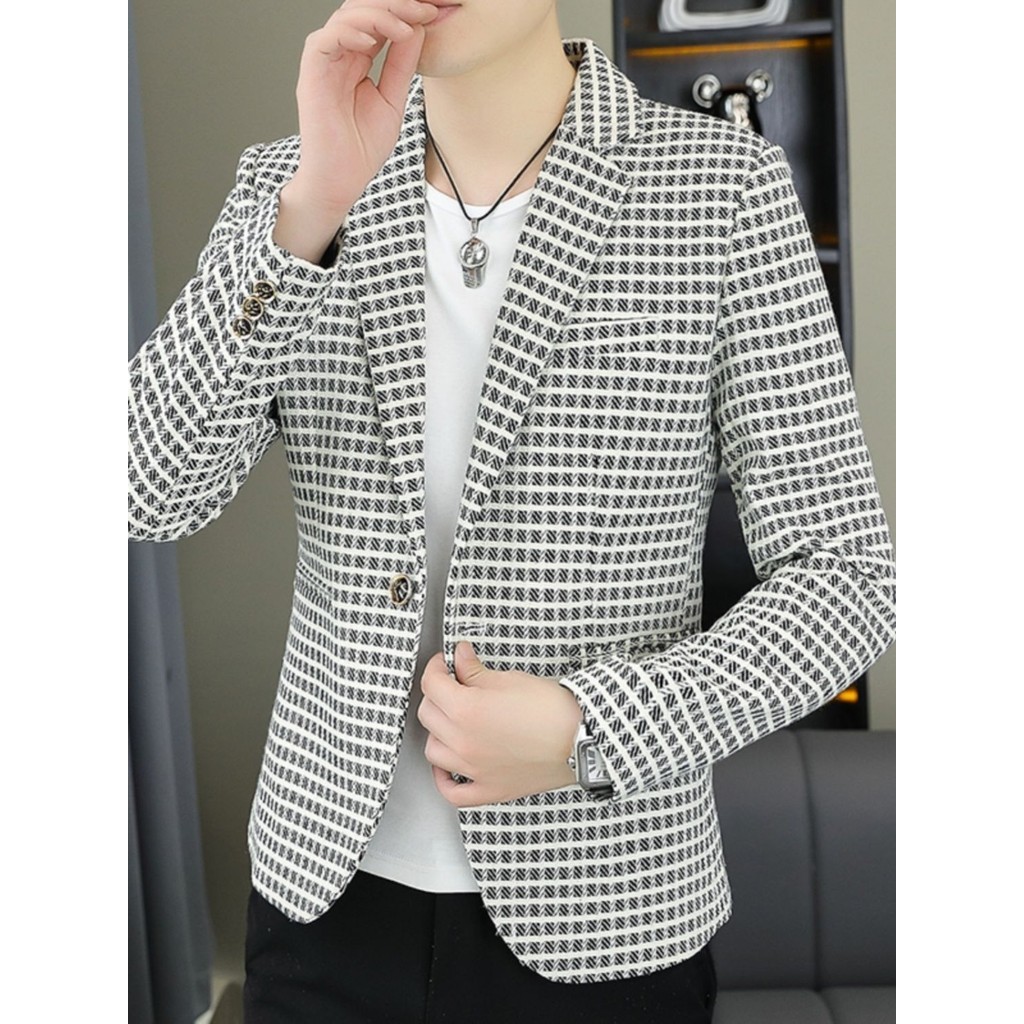 Jaket Jas Pria Kelas Atas Gaya Korea Trendy Slim Fit Blazer Tunggal Remaja Santai Kotak Kecil untuk 