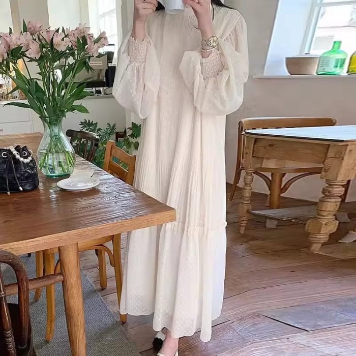 Murah SU longdress korea bigsize fairy putih polos lengan balon gamis lebaran wanita mewah resepsi