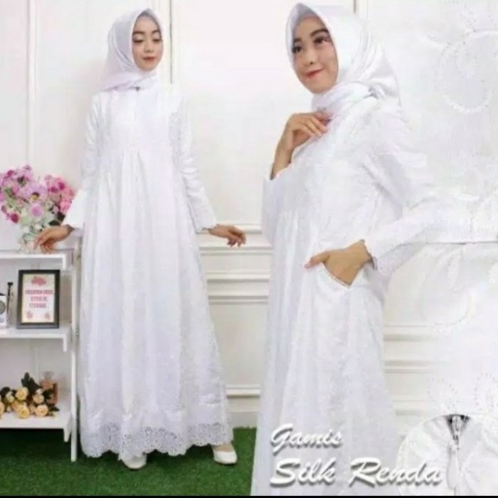 Murah GAMIS HAJI & UMROH WANITA PUTIH SILK /SUTRA RENDA. Non COD