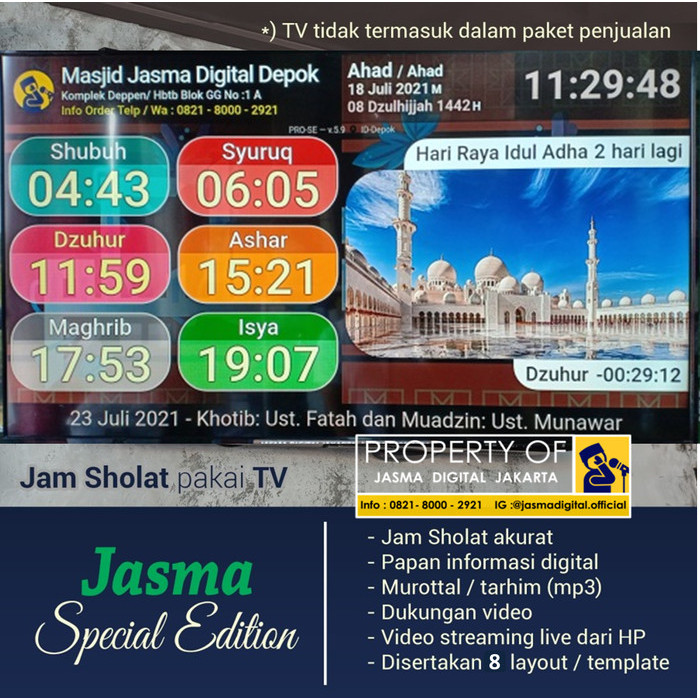 Jasma Versi Spesial Edition Jam Jadwal waktu Sholat Masjid TV LED
