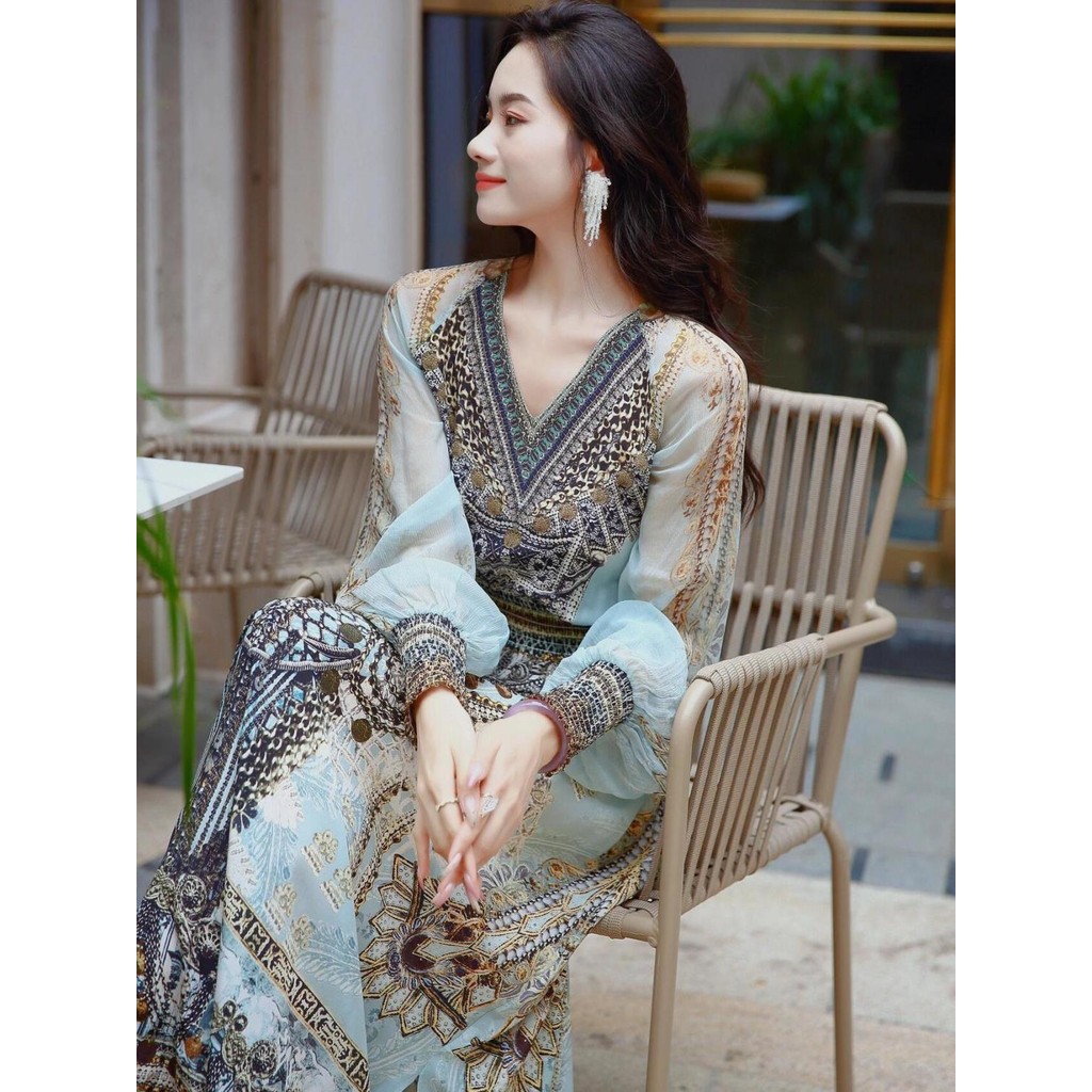 Elegant Long Dress Slim Fit High-end Printed V-neck Dress