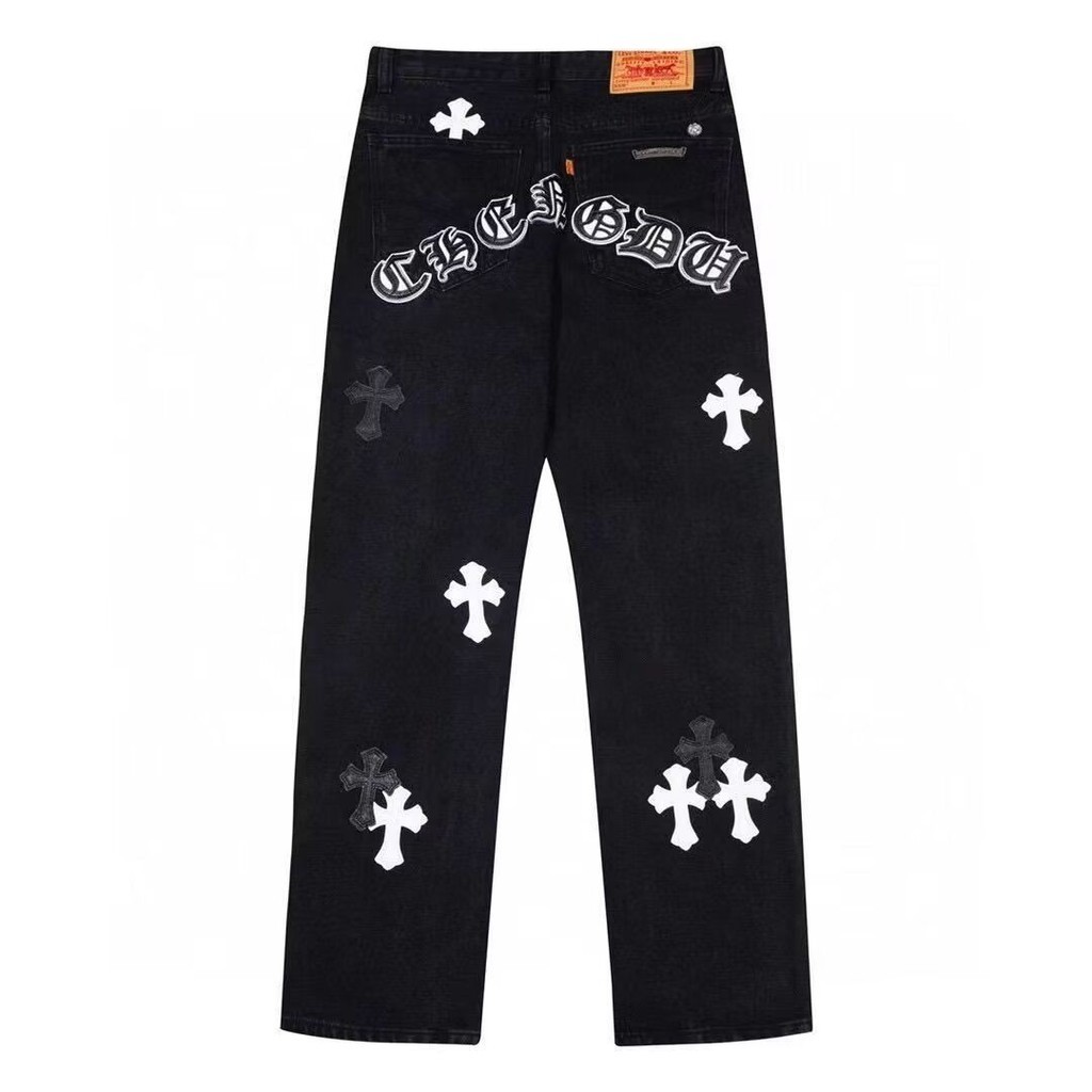 Chrome Hearts 2024 Merek Trendi Industri Berat Kulit Bordir Sansekerta Celana Jeans High Street Cela