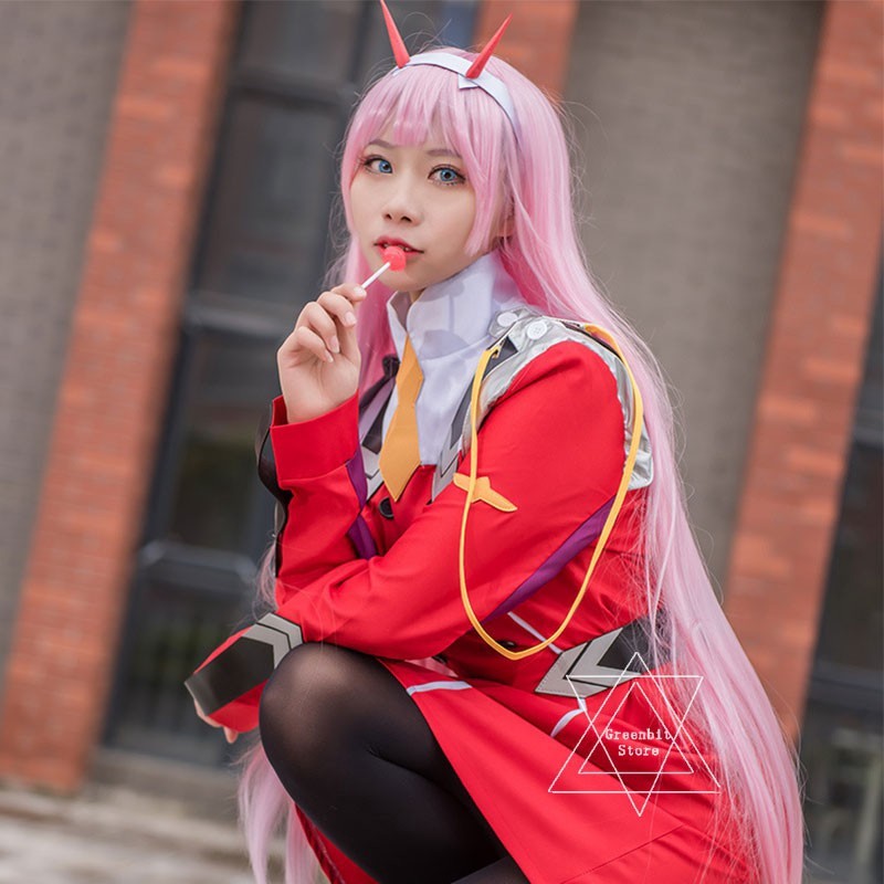 Kostum Cosplay Anime DARLING in the FRANXX 02 ZERO TWO Strelizia Wig Set Seragam Merah Lengan Panjan