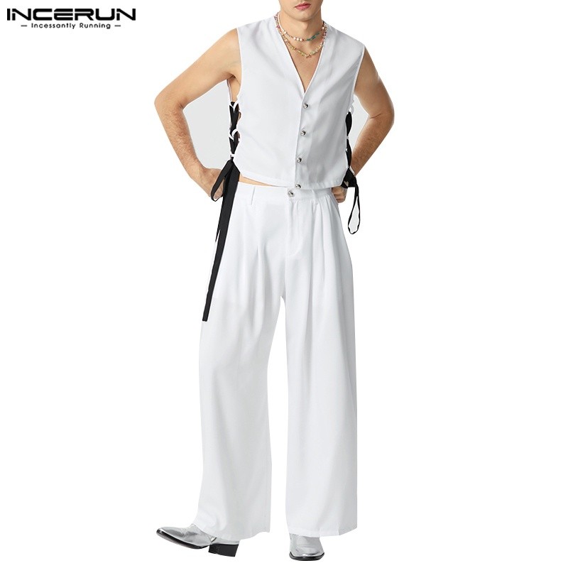 INCERUN Setelan Dua Potong Tanpa Lengan Rompi Kerah V Dasi Samping Vintage Pria |AB26DAA2|