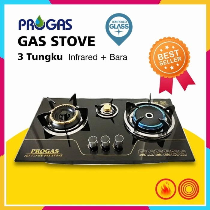 Kompor Gas Tanam Infrared + Gas Progas 3 Tungku - Tempered Glass