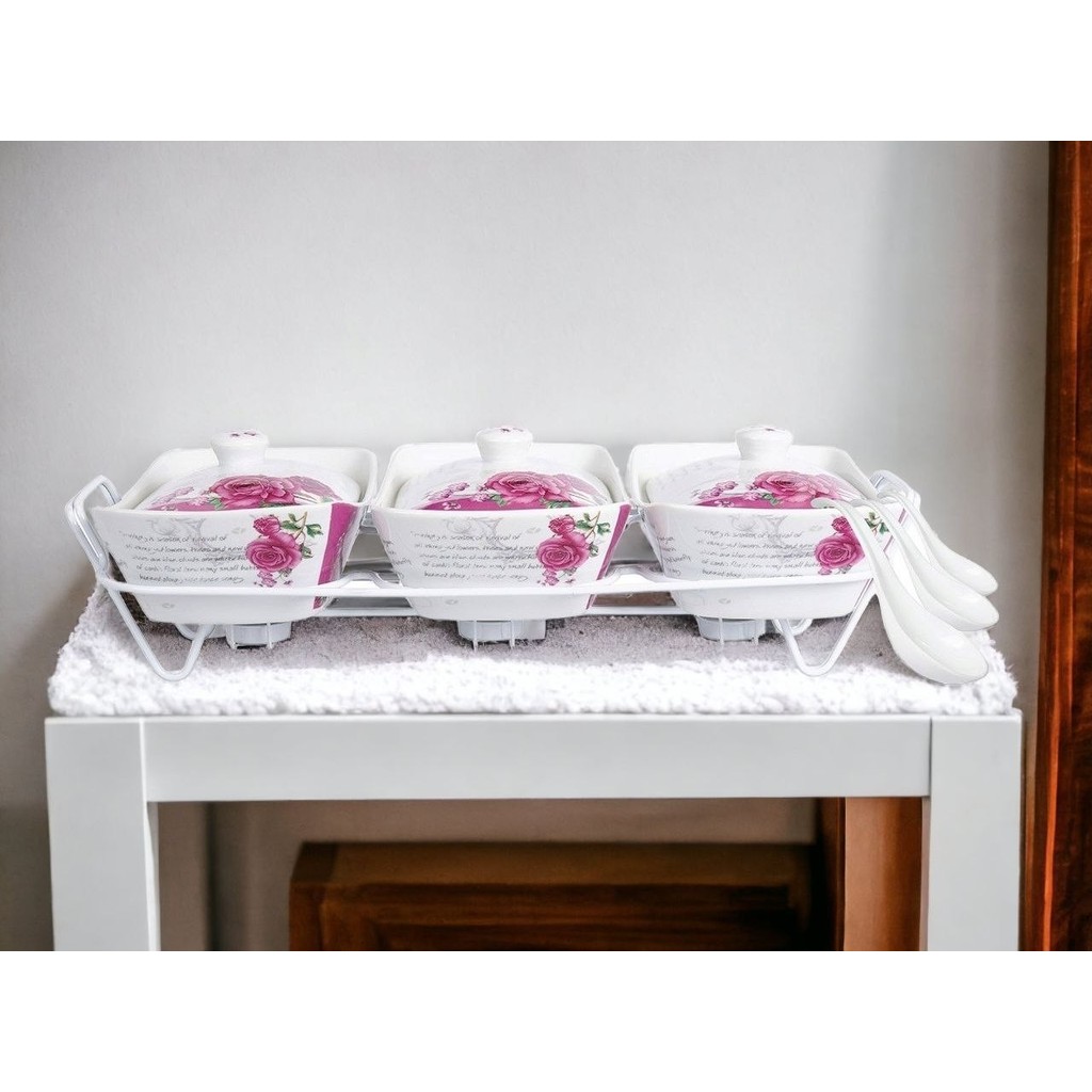 Vicenza Prasmanan segi set isi 3 keramik + tutup + rak motif ayana / casserole segi porcelain BA-751