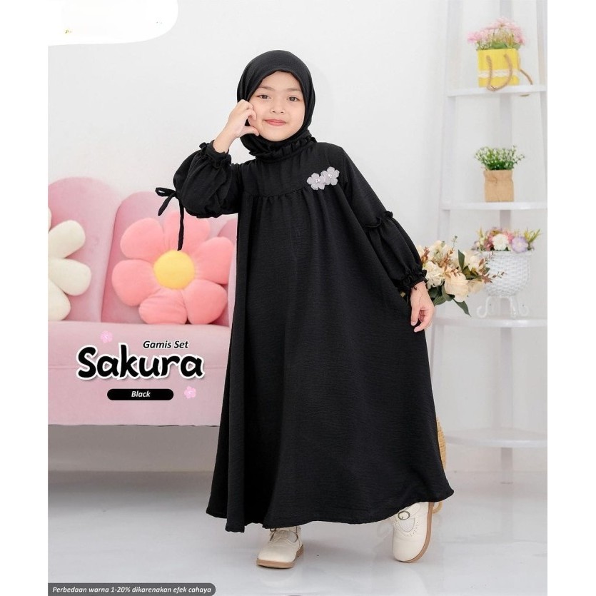 Gamis Hitam Anak Perempuan 7-9 Tahun Dress Hitam Anak Sakura {TerlarisBest Seller}