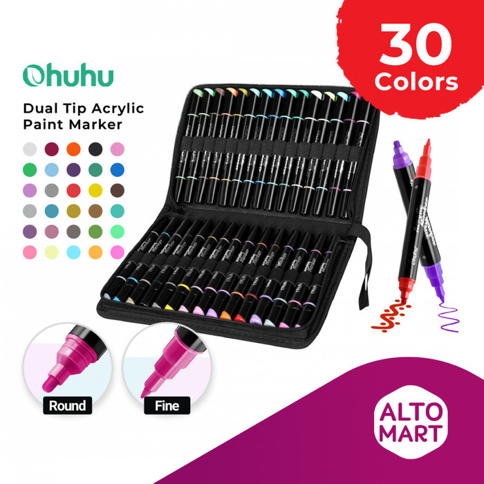 

OHUHU Acrylic Dual Tip Paint Marker Pen Round & Fine 30 Colors Set Spidol Warna