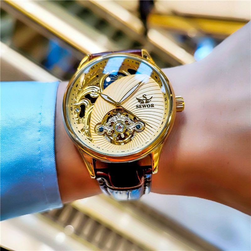 Jam Tangan Mekanis Murni untuk Pria, Tahan Air, Bercahaya, Kulit Asli, Multifungsi, Skeleton Tourbil