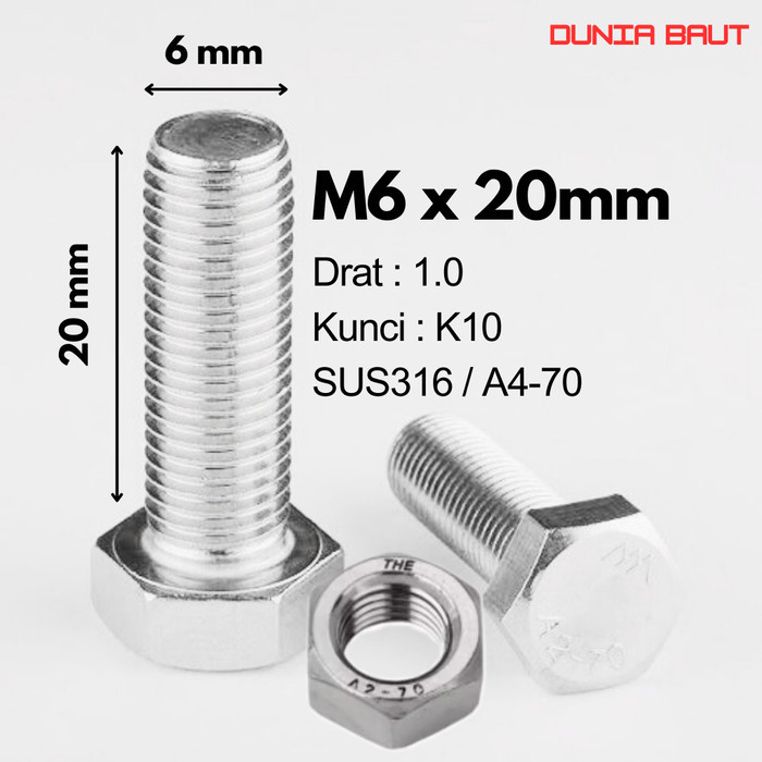 Baut Hex Stainless SS316 M6X20 - Baut Hexagon 6X20 / M6 X 20 / 6 X 20  SUS316 / A4-70 Full Drat