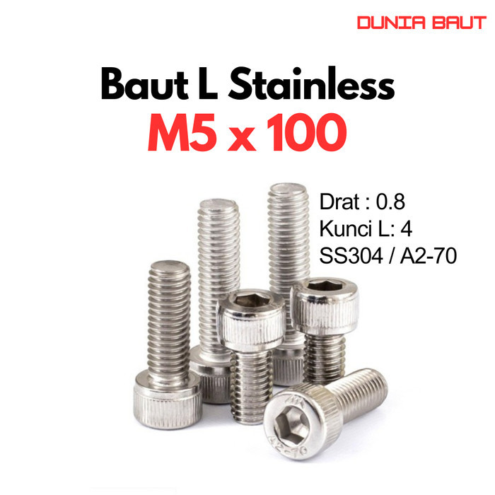 DIN 912-1983 Baut L Stainless M5X100 / 5X100 / M5 X 100 / 5 X 100 Full Drat SS304 / SUS304 / A2-70 H