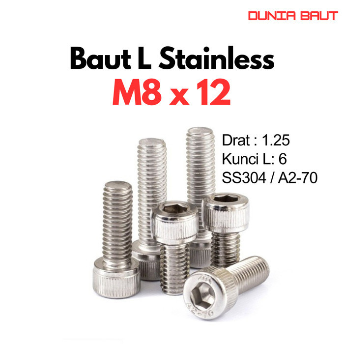 Baut L Stainless M8X12 / 8X12 / M8 X 12 / 8 X 12 Full Drat SS304 / SUS304 / A2-70